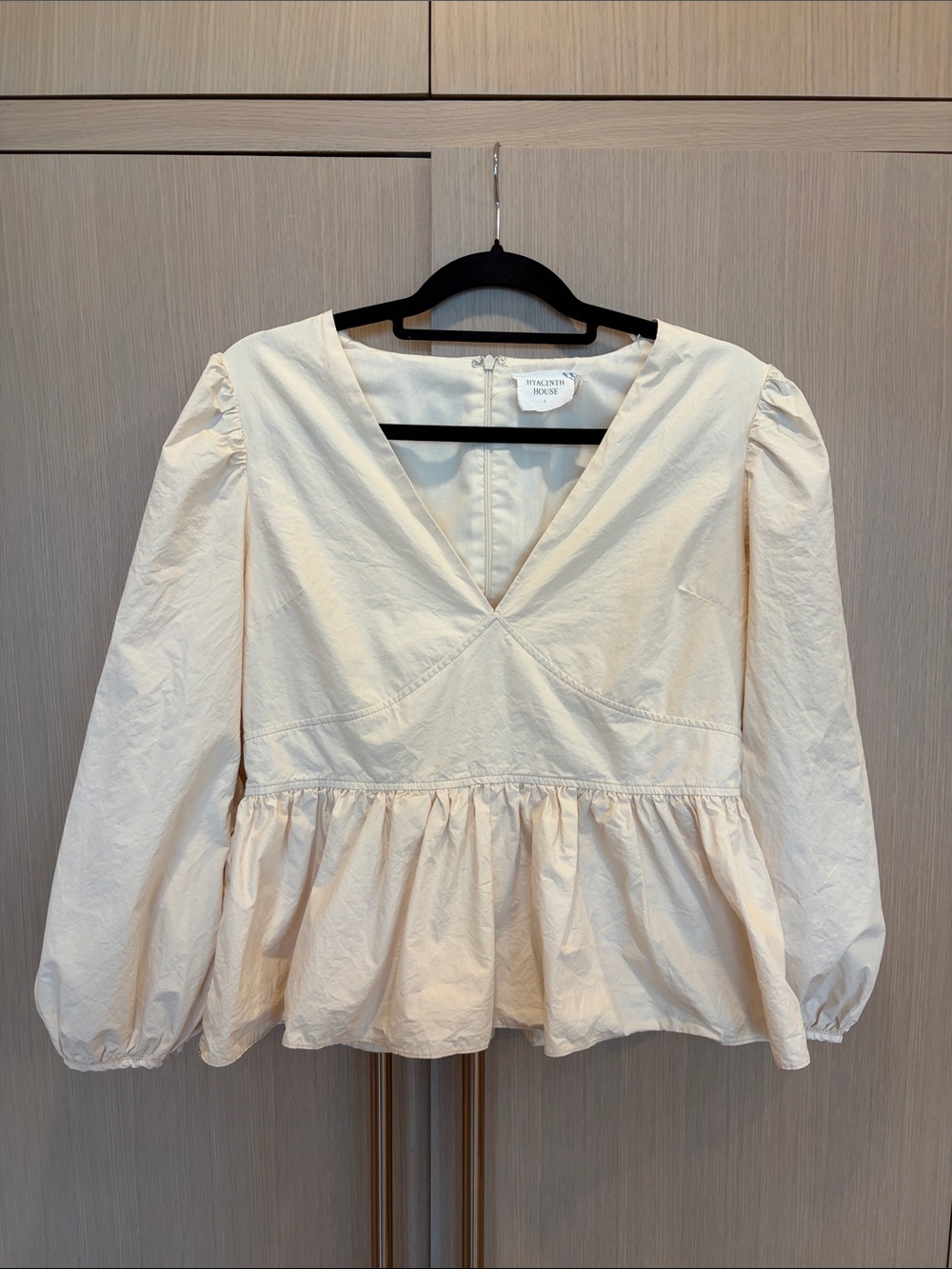 Peplum V-Neck Blouse with Puff Sleeves - Cream
